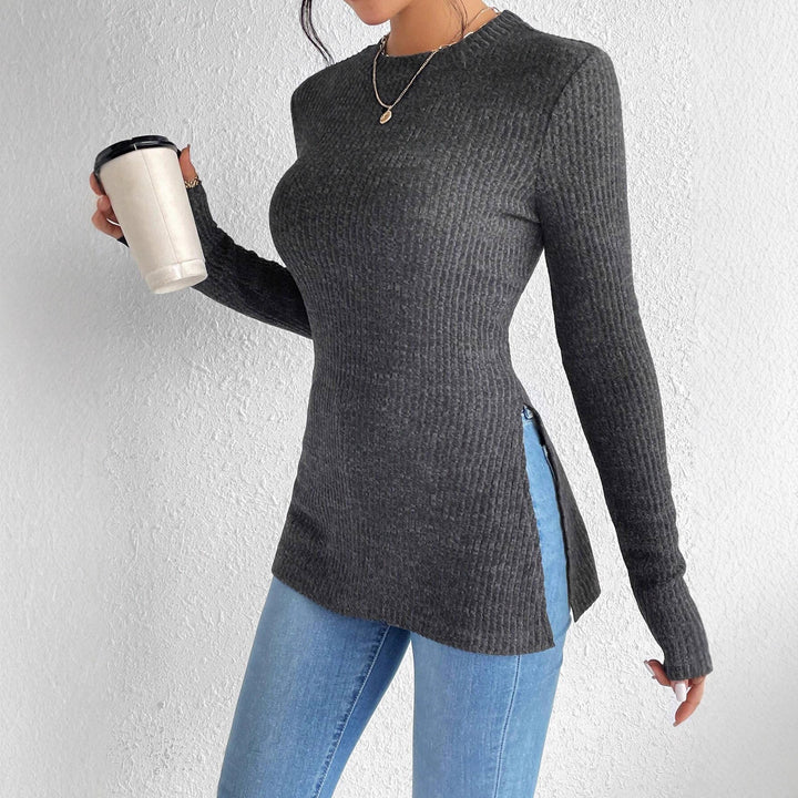 Damen Rippstrick-Langarmshirt mit Seitenschlitz und figurbetontem Schnitt Drune