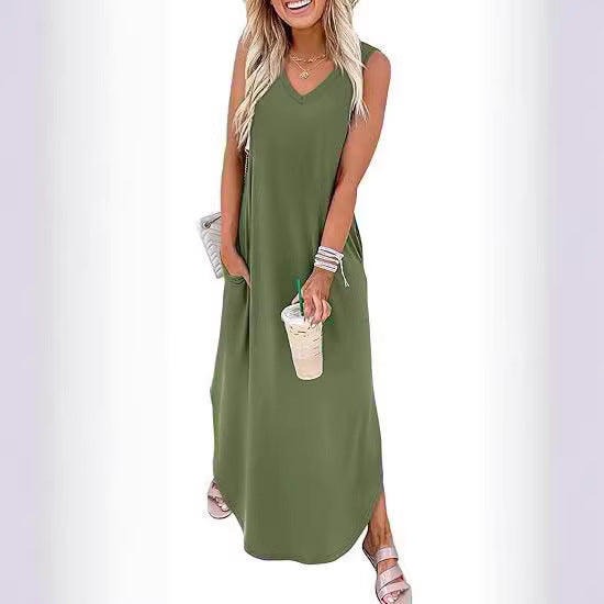 Damen Maxi-Kleid mit modernem V-Ausschnitt und praktischem Taschendesign Drune