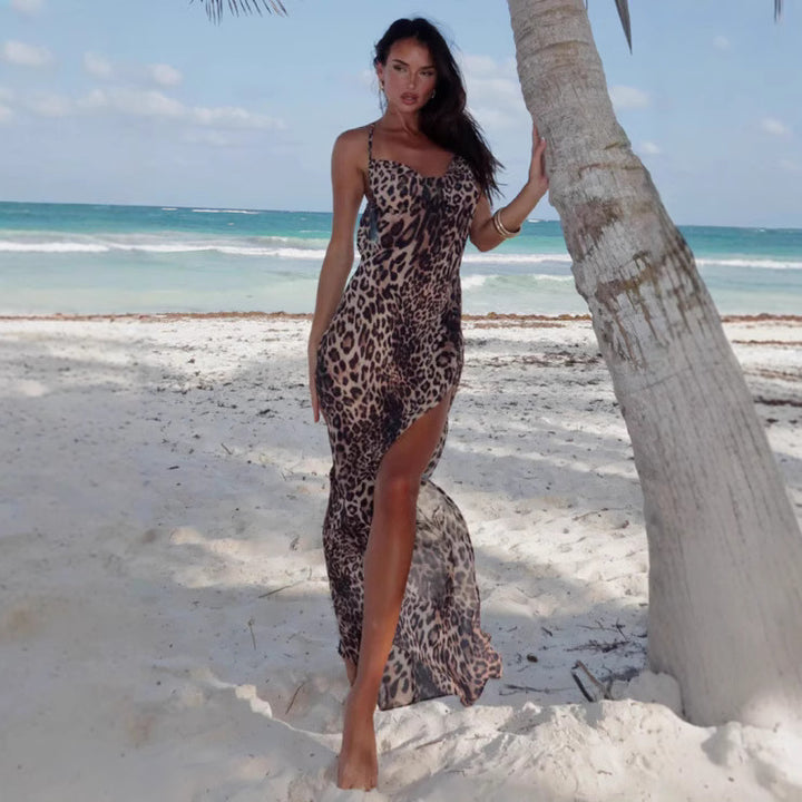 Damen Maxikleid mit Leopardenmuster und tiefem Schlitz Drune