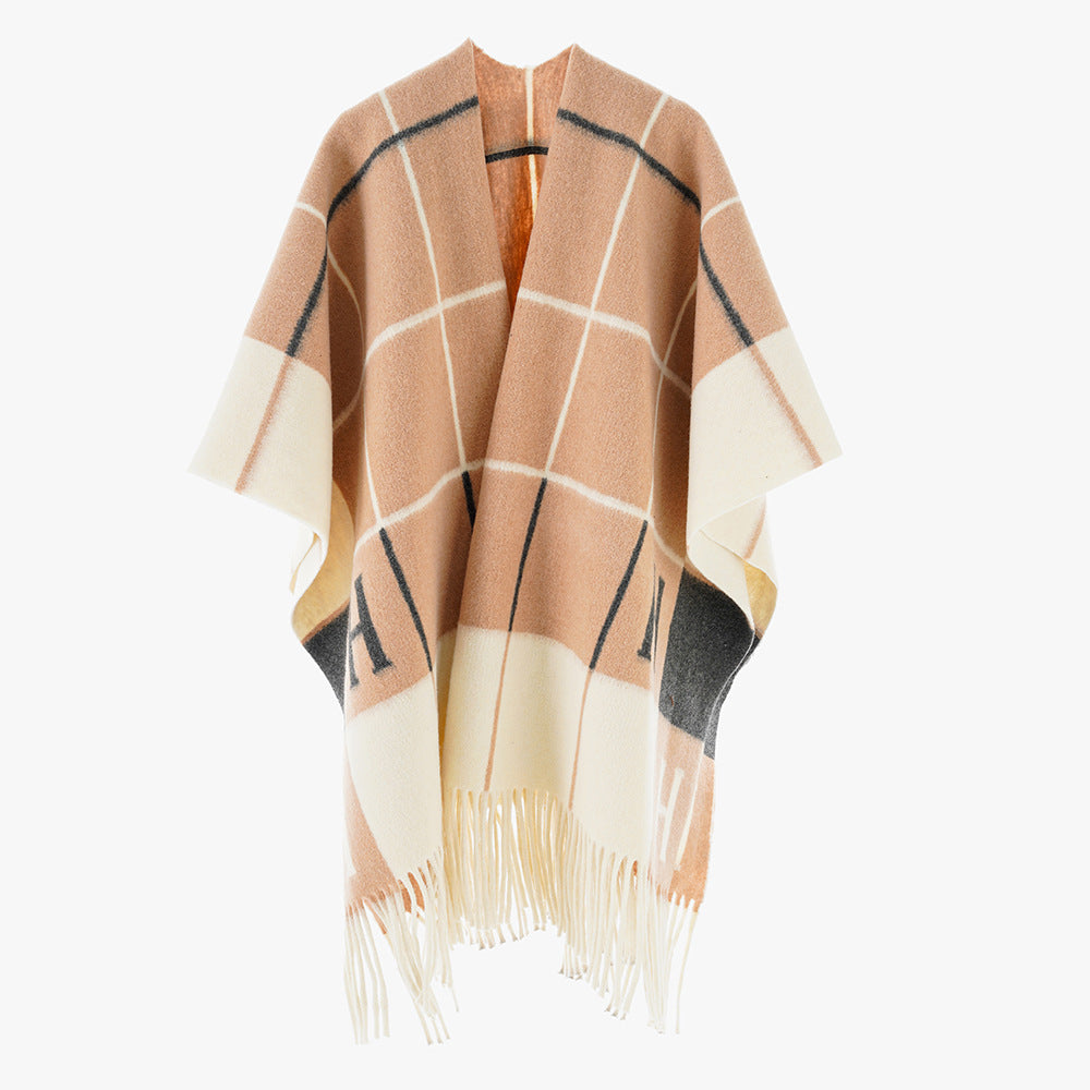 Damen Oversize-Überwurf aus Wollmix mit Monogramm-Karomuster und Fransensaum Drune