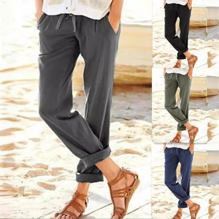Damen bequeme Leinenhose mit elastischem Bund und seitlichen Taschen Drune