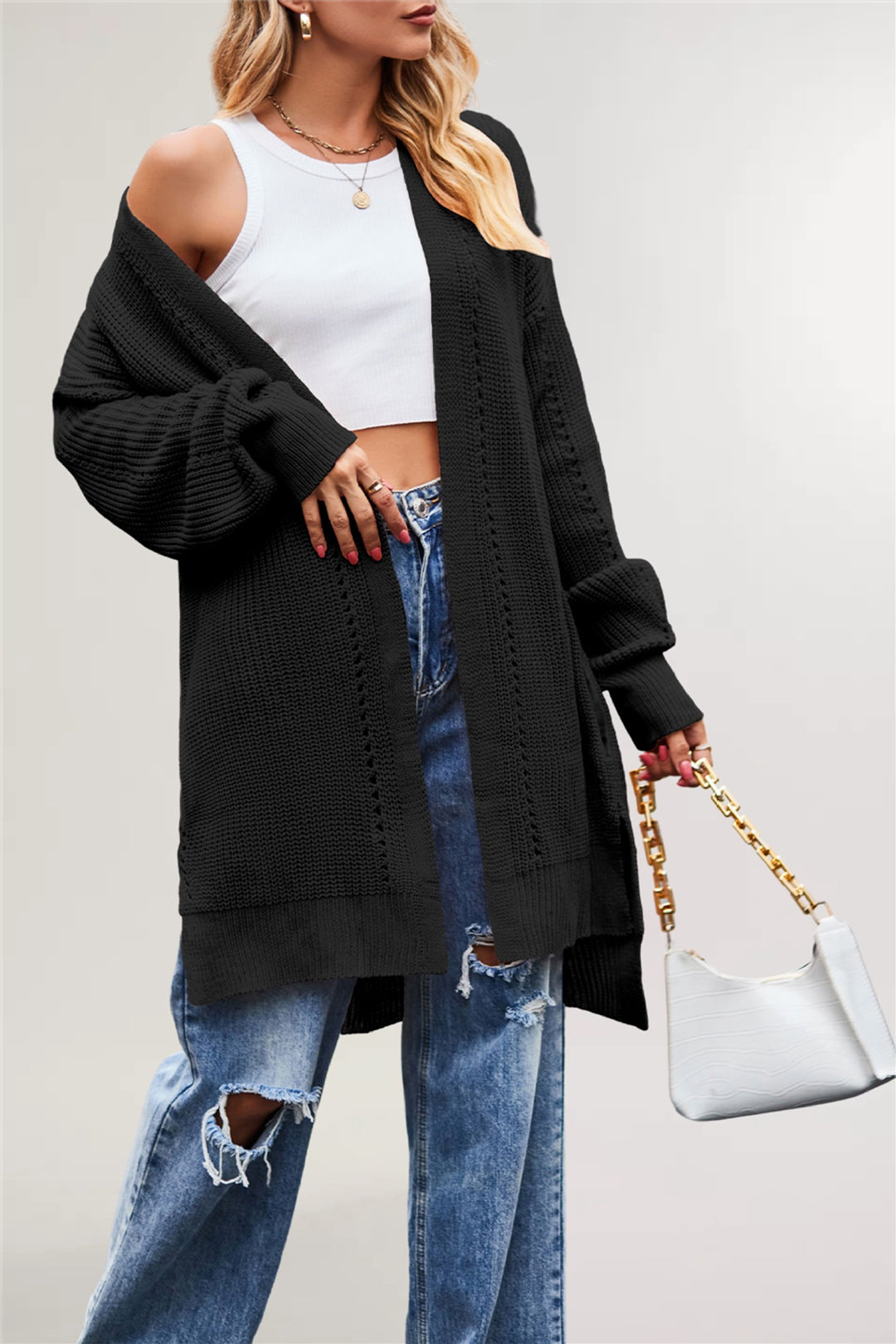 Damen lässige Strickjacke mit offenem Design und weiten Ärmeln Drune