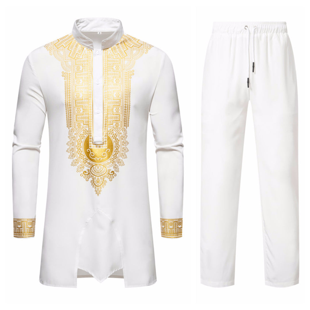 Herren Traditionelles Tunika-Set mit Stehkragen und goldfarbenem Ornamentdruck, Longshirt & Tunnelzughose Drune