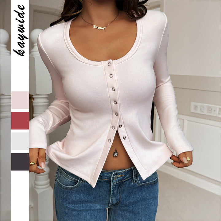 Damen nan tailliertes Langarmshirt mit Druckknopfleiste, Rundhalsausschnitt und frontaler Schlitz-Optik Drune