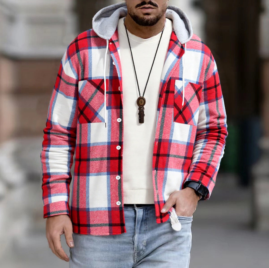 Herren kariertes Hemd Jacke mit Kapuze, Knopfleiste und Brusttaschen EB