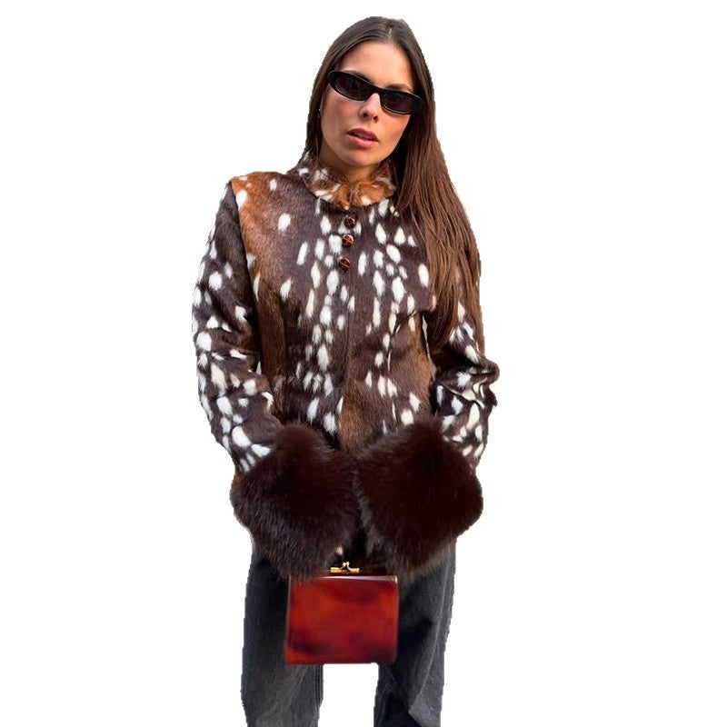 Damen Taillierte Kurzjacke mit Leopardenmuster und Kunstpelzmanschetten Drune
