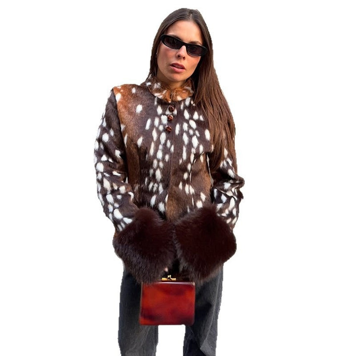Damen Taillierte Kurzjacke mit Leopardenmuster und Kunstpelzmanschetten Drune
