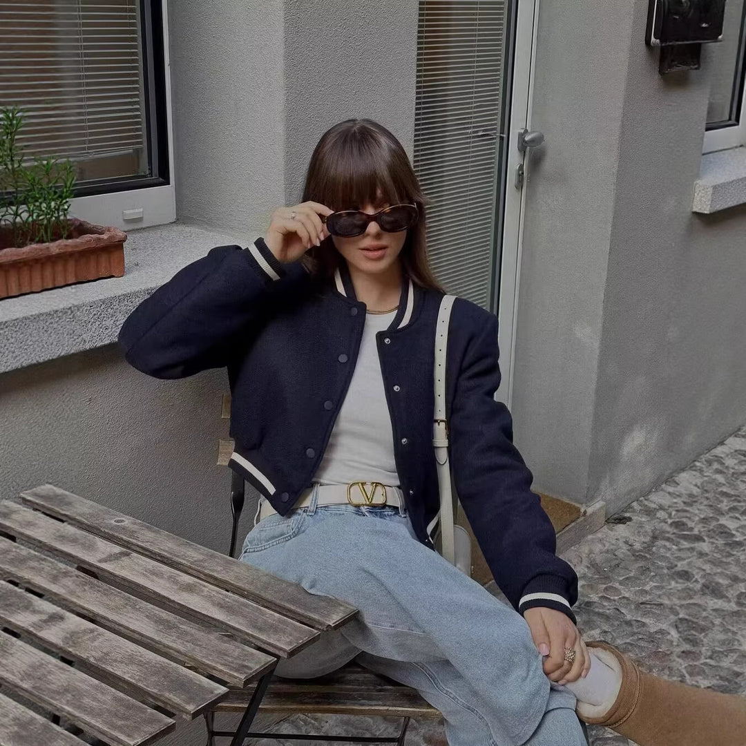 Damen Cropped-Boxy-Bomberjacke mit Rippbündchen und Druckknopfleiste Drune