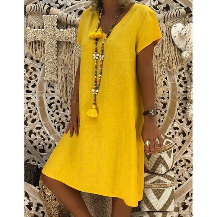 Damen Sommerkleid mit lässigem V-Ausschnitt und asymmetrischem Saum Drune