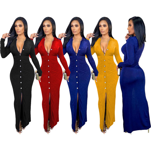 Damen Figurbetontes Maxikleid mit Knopfleiste, Raffung und tiefem V-Ausschnitt Drune