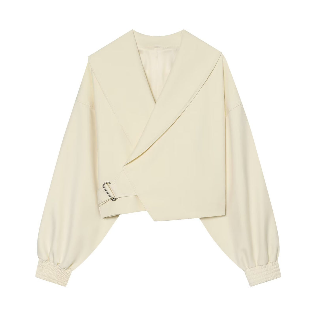 Damen Kurze Wickeljacke mit weitem Schalkragen, taillierendem Schnallenband und Ballonärmeln Drune