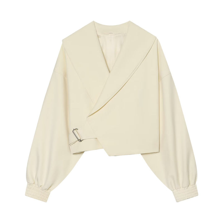 Damen Kurze Wickeljacke mit weitem Schalkragen, taillierendem Schnallenband und Ballonärmeln Drune