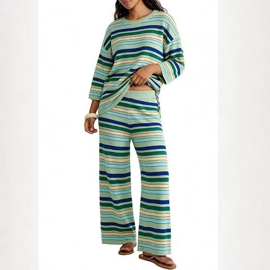 Damen Gestreiftes Lounge-Set aus leichtem Strick mit weitem Bein und 3/4-Ärmeln Drune