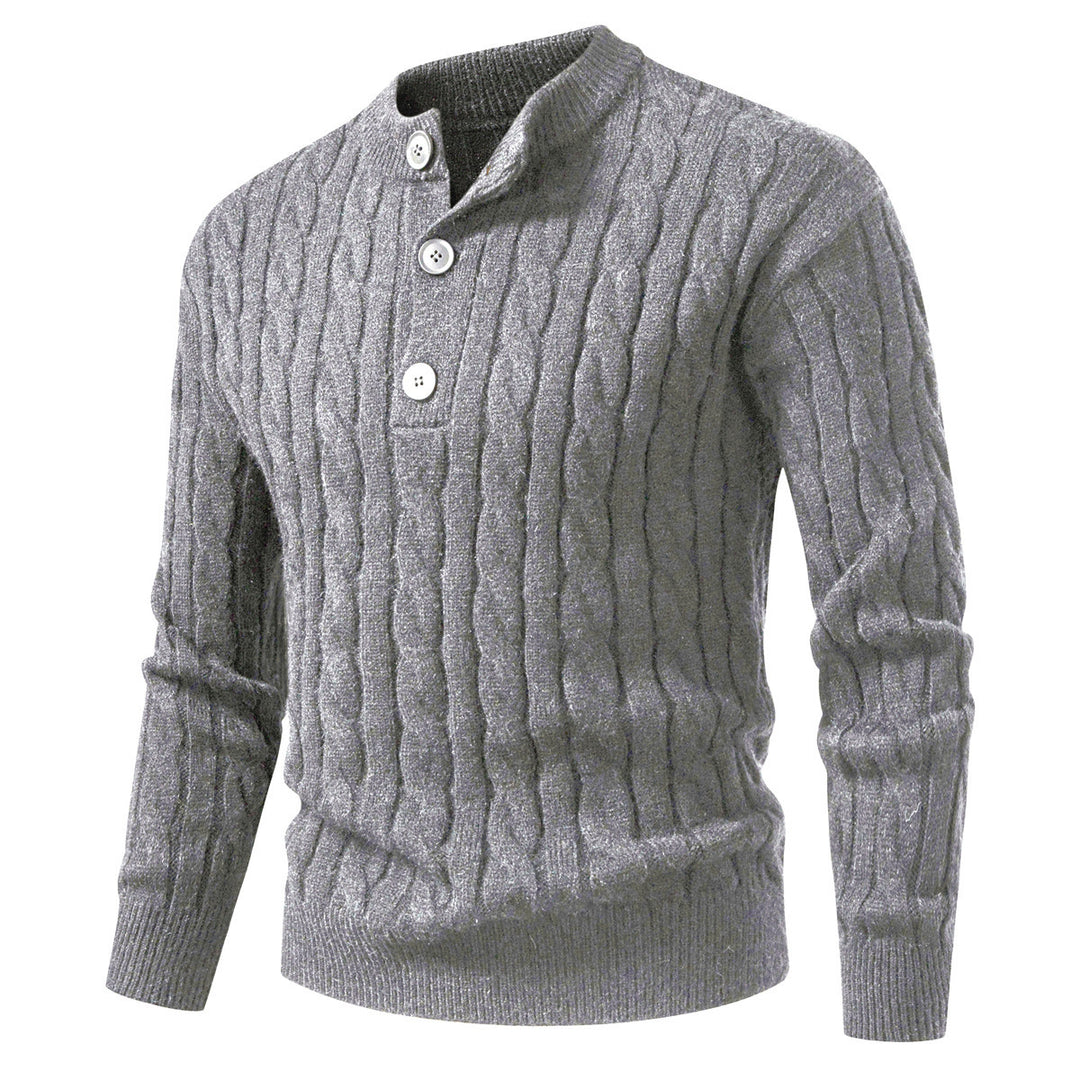 Herren Zopfmuster-Pullover mit kurzer Knopfleiste und Stehkragen Drune