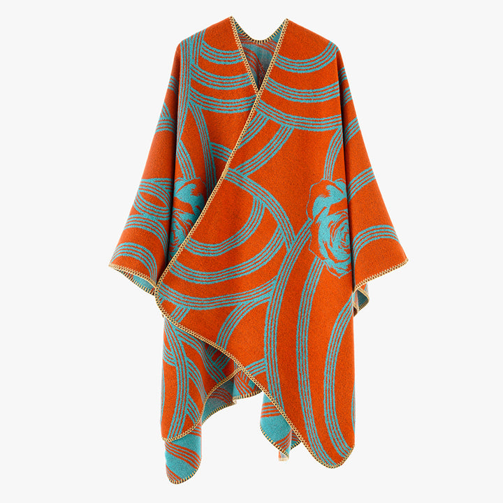 Damen Jacquard‑Capeponcho mit Rosendessin und Oversize‑Fall Drune
