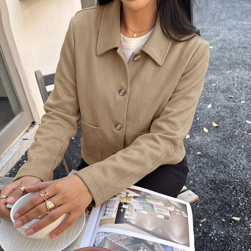Damen Kurzjacke aus Wildleder‑Optik mit Hemdkragen und aufgesetzten Taschen Drune