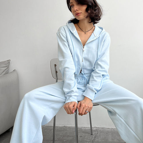 Damen Kurzes Zip-Kapuzen-Set mit taillenhoher weiter Loungehose Drune