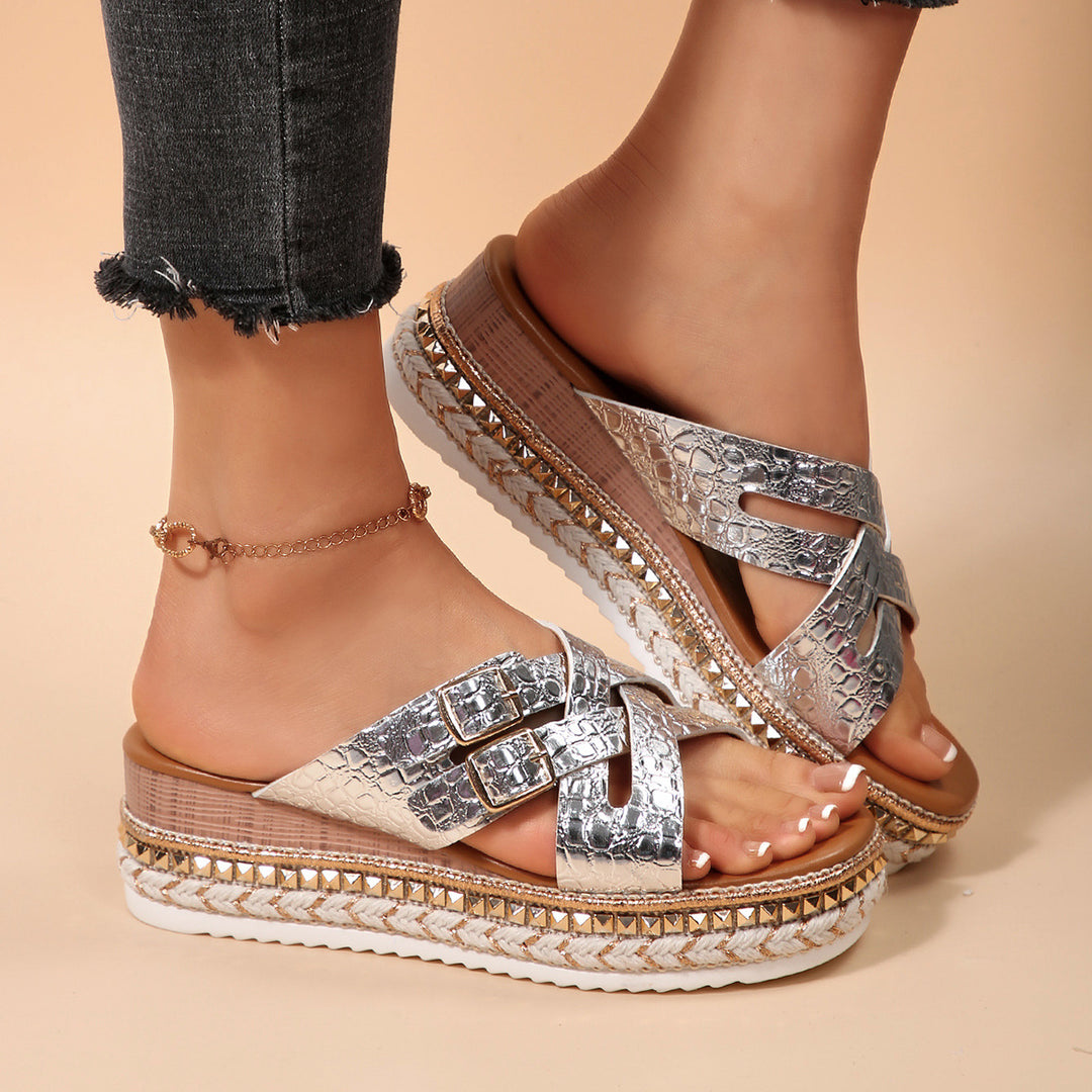 Damen Wedge-Pantoletten mit elegantem Kroko-Design und verstellbaren Riemen Drune