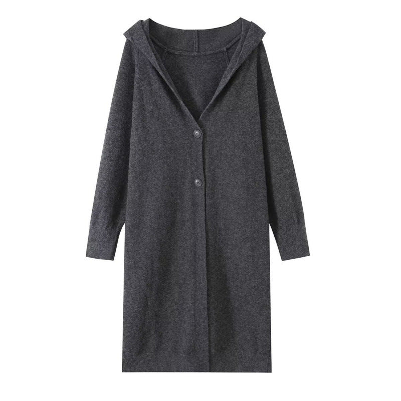 Damen Langer Kapuzen-Cardigan aus Feinstrick mit Knopfleiste und Rippbündchen Drune