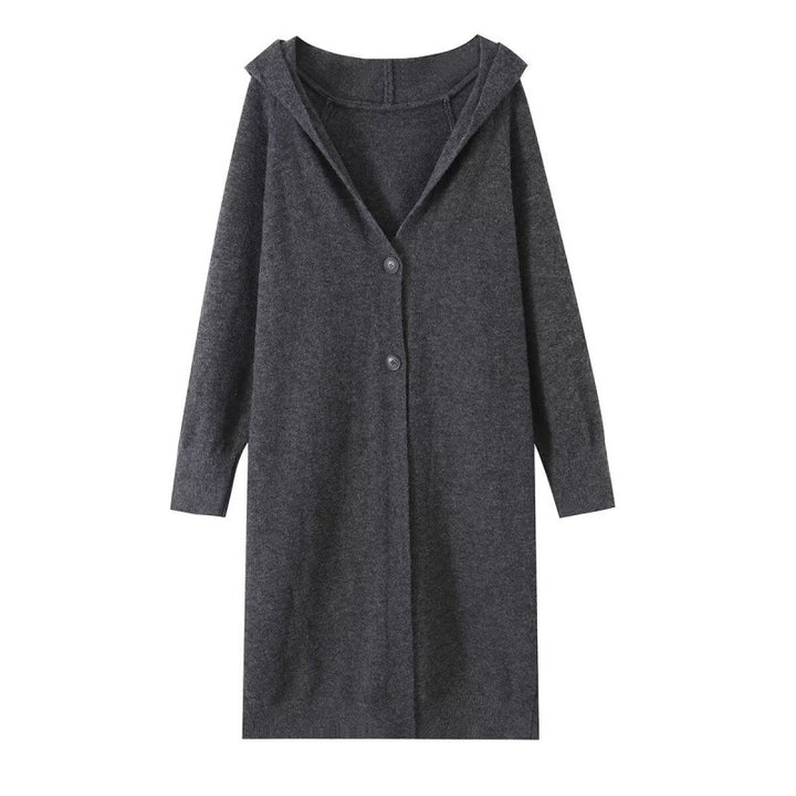 Damen Langer Kapuzen-Cardigan aus Feinstrick mit Knopfleiste und Rippbündchen Drune