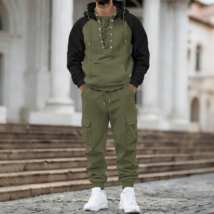 Herren Kapuzen-Sweatshirt mit vorn geschnürter Blende, Raglanärmeln und Kängurutasche Drune