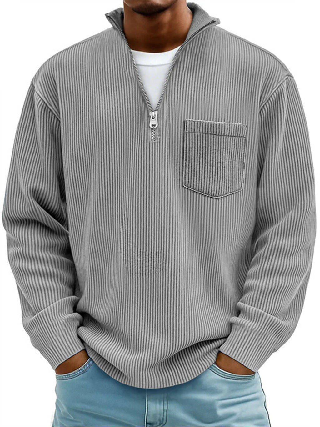 Herren Rippstrickpullover mit kurzem Reißverschluss und Brusttasche EB
