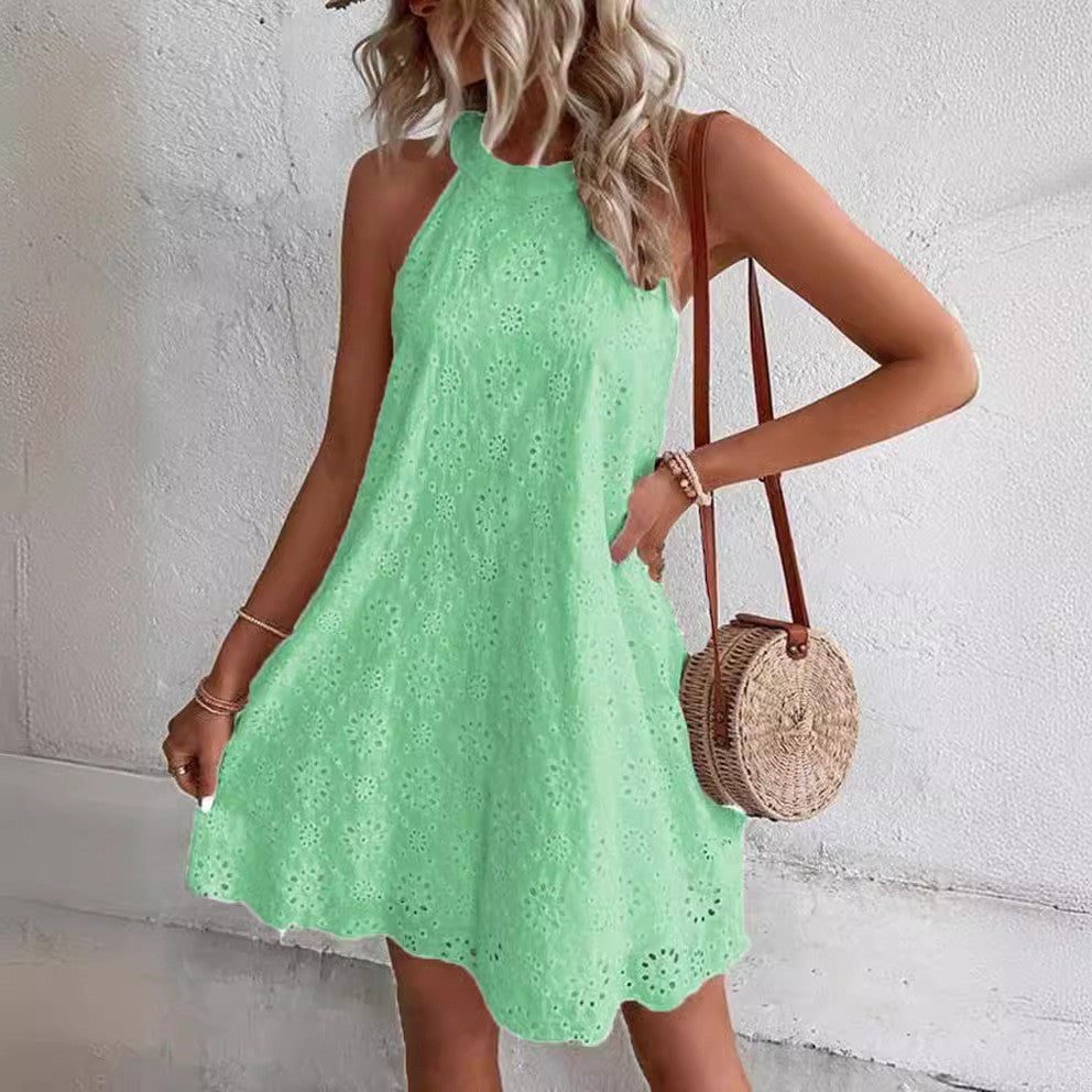 Damen luftiges Sommerkleid mit hohem Hals und femininen Details Drune