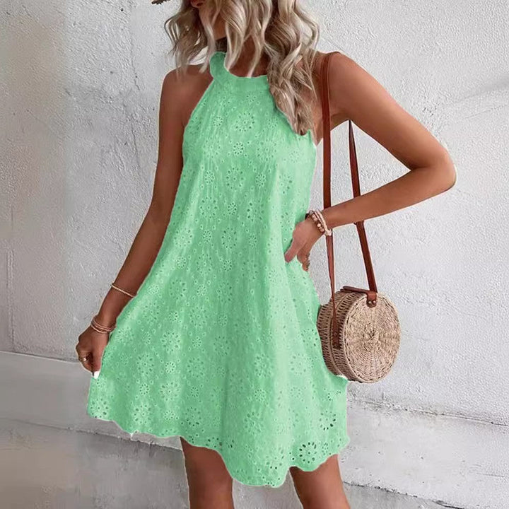 Damen luftiges Sommerkleid mit hohem Hals und femininen Details Drune