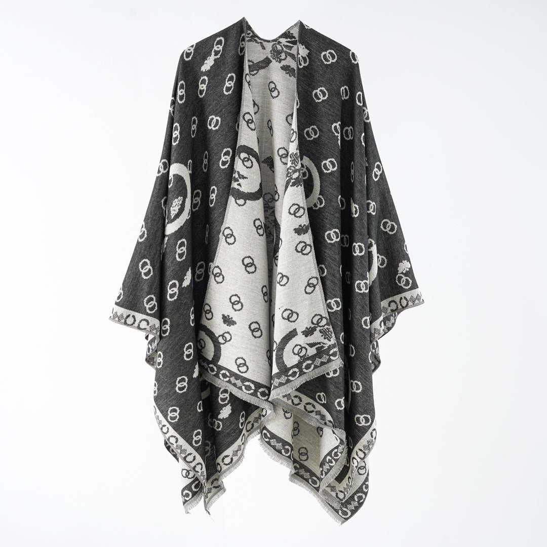 Damen Wendbarer Jacquard-Überwurf mit Fransen und großzügiger Wrap-Silhouette Drune