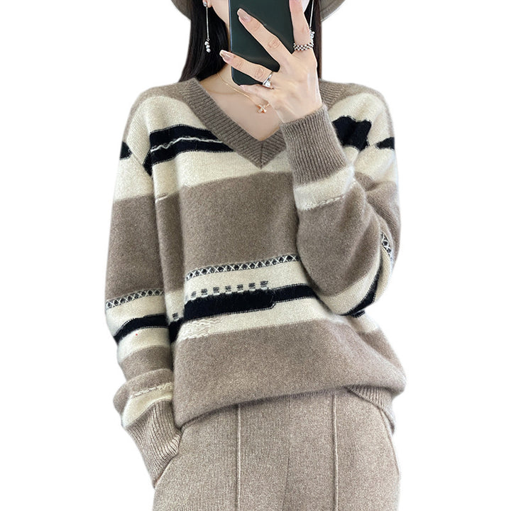 Damen Oversize-Strickpullover mit V‑Ausschnitt und grafischem Streifenmix Drune