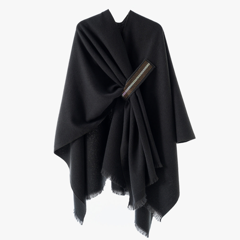 Damen Eleganter Wickel-Umhang aus Wollmischung mit Taillenschärpe und Fransensaum Drune