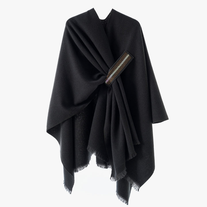 Damen Eleganter Wickel-Umhang aus Wollmischung mit Taillenschärpe und Fransensaum Drune
