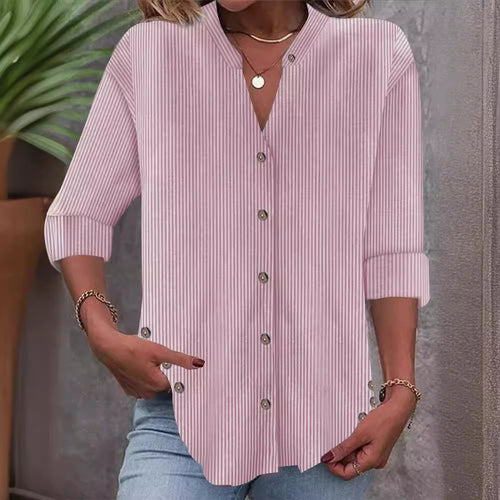Damen Freizeit Gestreiftes Hemd Bluse mit Stehkragen, Durchgängige Knopfleiste und Roll-up 3/4 Ärmeln Drune