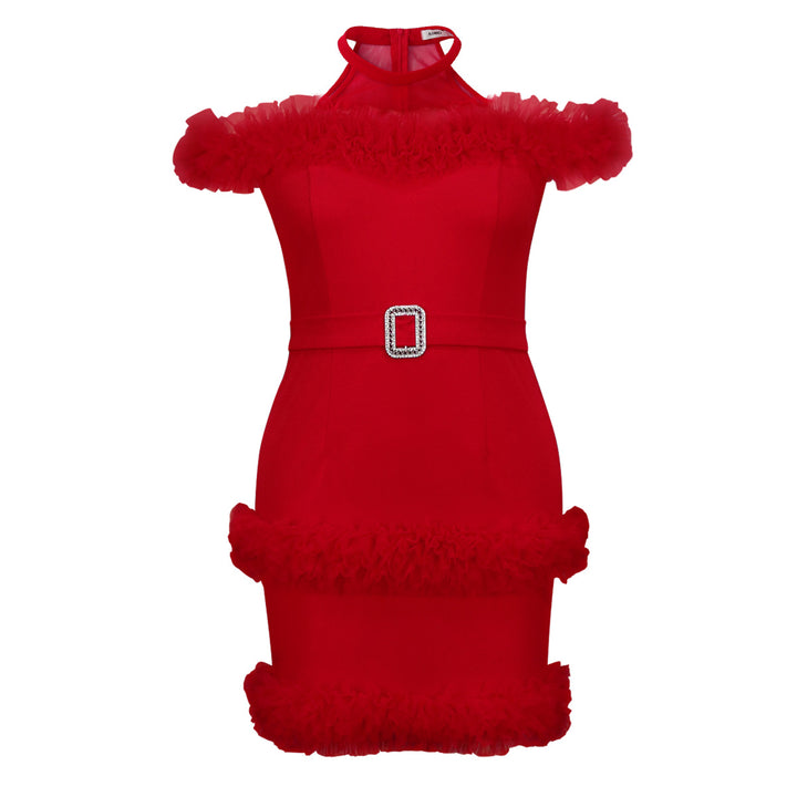 Damen glamouröses Abendkleid mit Rüschenrand und Glitzer-Gürtel Drune