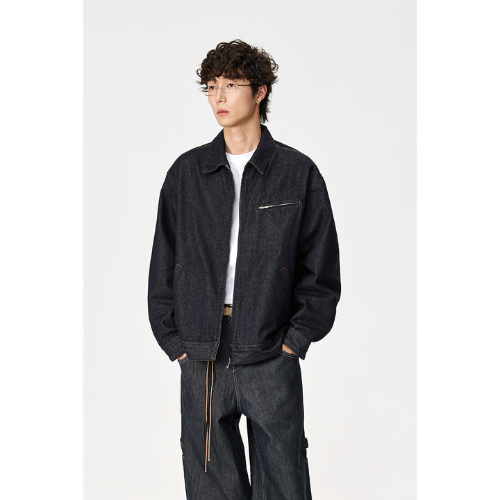 Herren Locker geschnittene Denim-Worker-Jacke mit verdecktem Reißverschluss und schräger Brusttasche Drune
