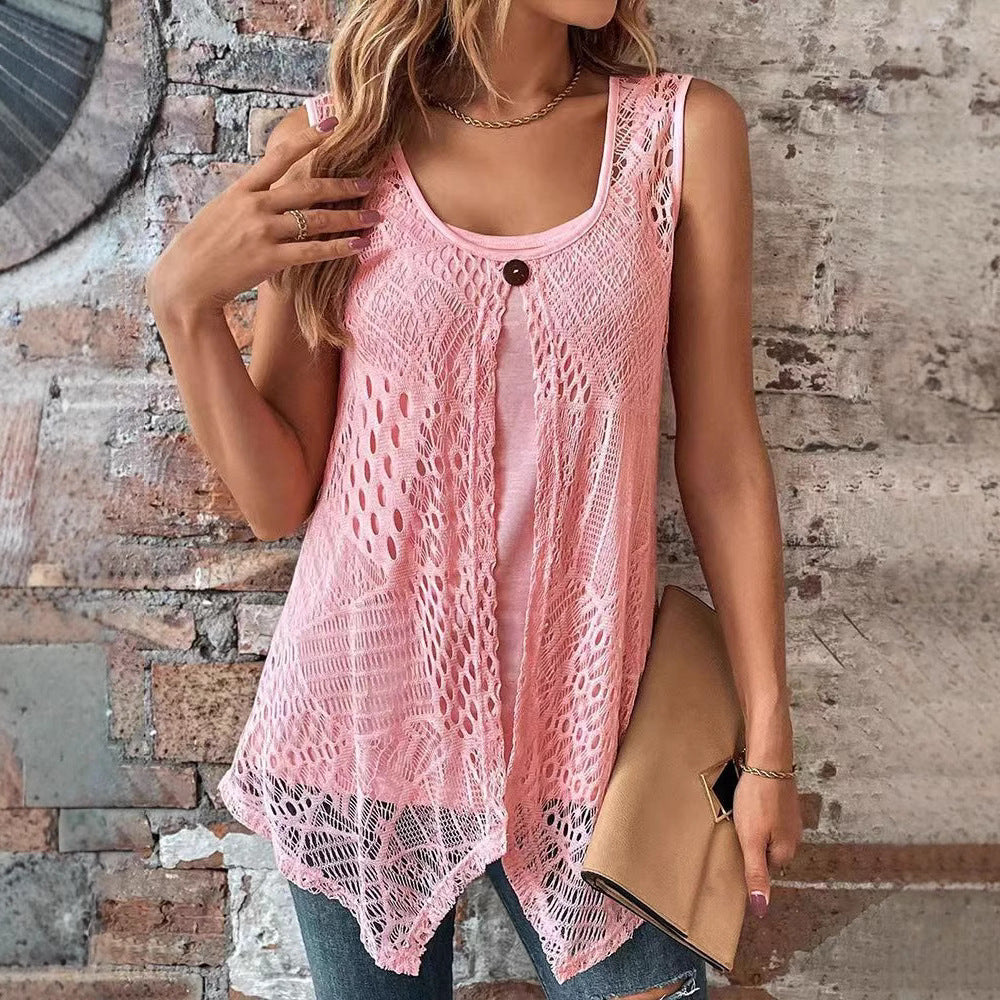 Damen nan zweilagiges Häkel-Overlay mit Jersey-Innentop, Ein-Knopf-Verschluss und asymmetrischem Zipfelsaum Drune
