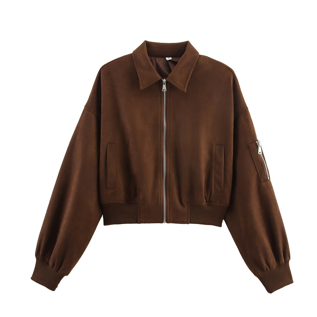 Damen modische cropped Jacke aus weichem Wildlederimitat mit praktischen Reißverschlusstaschen Drune