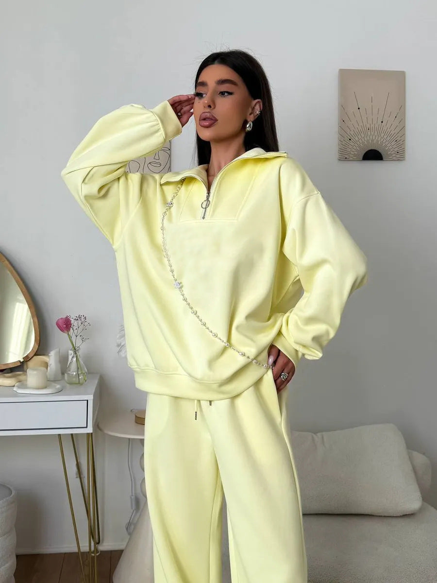 Damen lässiges Sweatset mit halbhohem Reißverschluss Kragen und weitem Jogger Drune