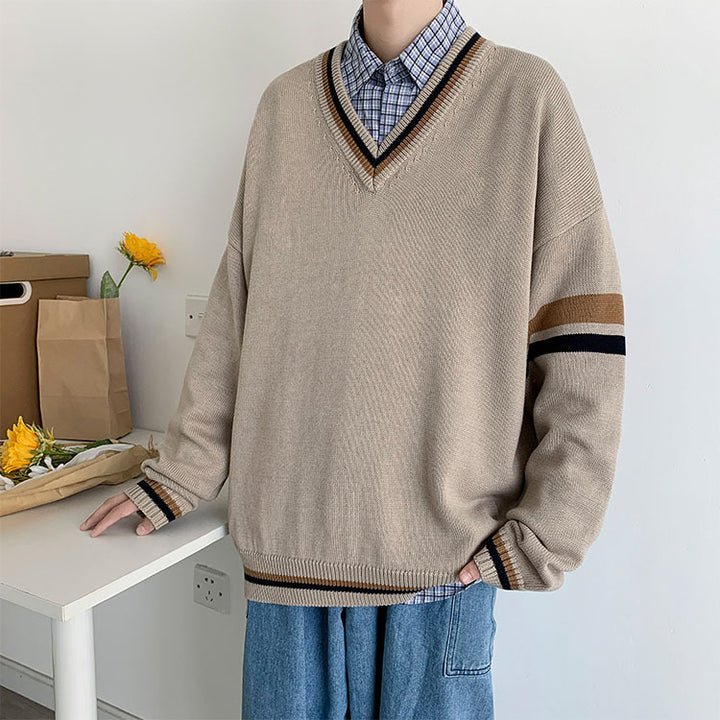 Herren Modischer Grobstrickpullover mit V-Ausschnitt und Streifen Drune