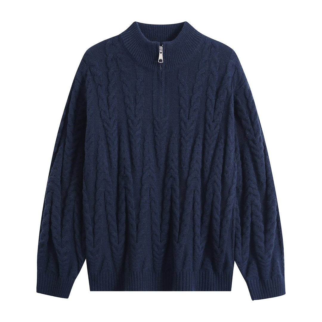 Herren Grobstrick-Halbzip-Pullover im Oversize-Zopfmuster mit hohem Rippkragen Drune