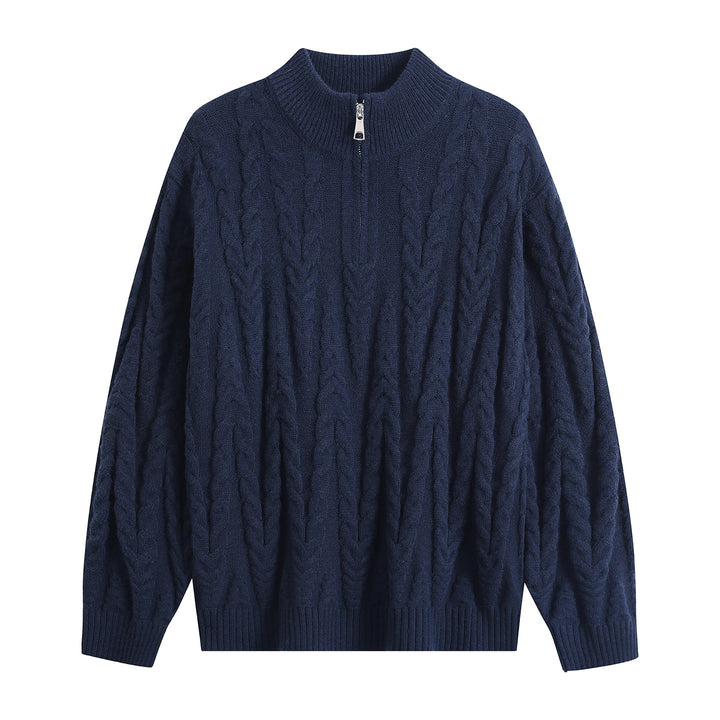 Herren Grobstrick-Halbzip-Pullover im Oversize-Zopfmuster mit hohem Rippkragen Drune