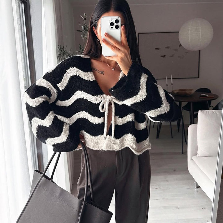 Damen Kuscheliger Kurz-Cardigan mit Zickzack-Textur, BindDruneand & Oversize-Ärmeln Drune