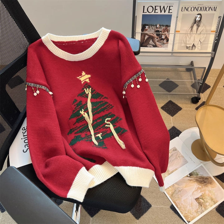 Damen festlicher Strickpullover mit Tannenbaum-Motiv und verspielten Akzenten Drune