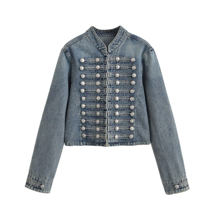 Damen Jeansjacke im Military-Stil mit Stehkragen und dekorativen Zierknopfleisten Drune