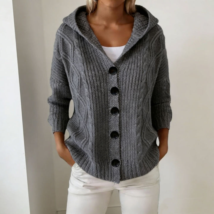 Damen Kapuzen-Cardigan aus grobem Zopfstrick mit Knopfverschluss Drune