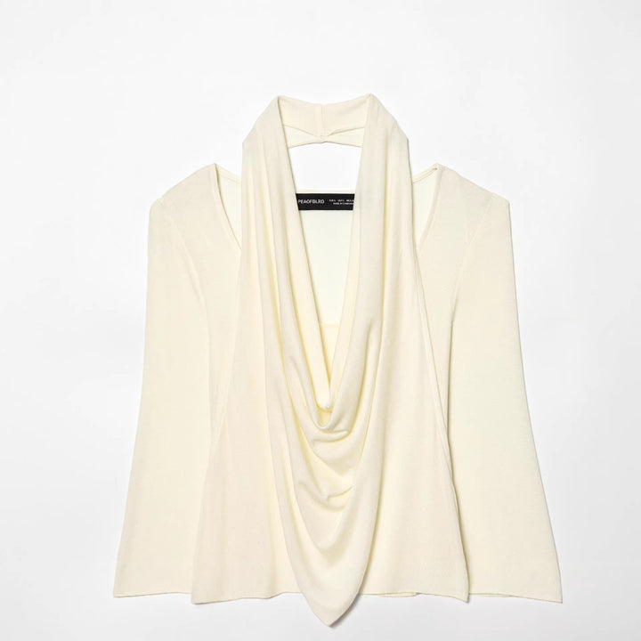 Damen nan drapiertes Langarmshirt mit tiefem Wasserfall-Cowl-Ausschnitt aus feinem Jersey Drune