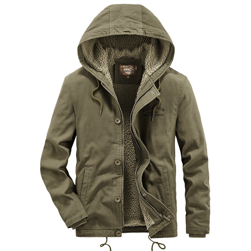 Herren Lässige Canvas-Kapuzenjacke mit durchgehendem Sherpa-Futter und doppelter Front Drune
