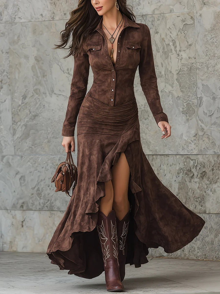 Damen Langes Hemdkleid im Wildleder‑Look mit Raffung, asymmetrischem Volant‑Saum und hohem Beinschlitz Drune