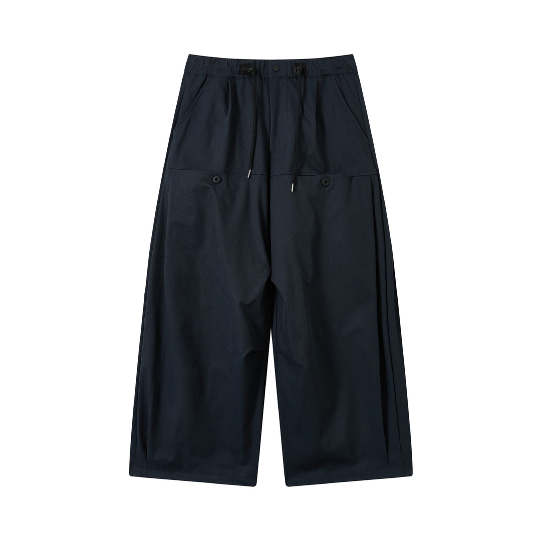 Damen weite verkürzte Bundfaltenhose mit Tunnelzug und Cargotaschen Drune