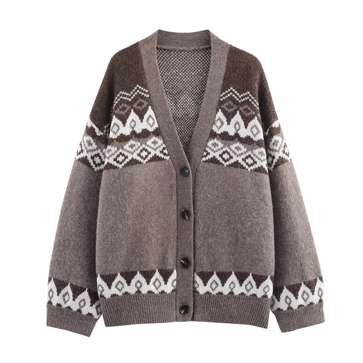 Damen Oversize-Strickcardigan mit Jacquard‑Muster und V‑Ausschnitt Drune